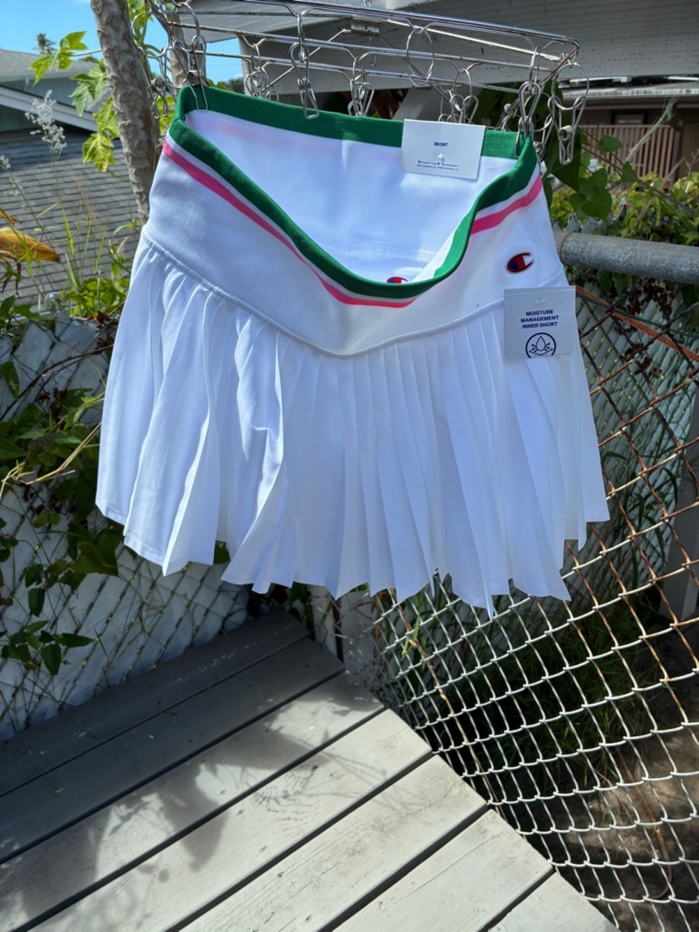 Champion White Pleated Skater Skirt with Green and Pink Trim